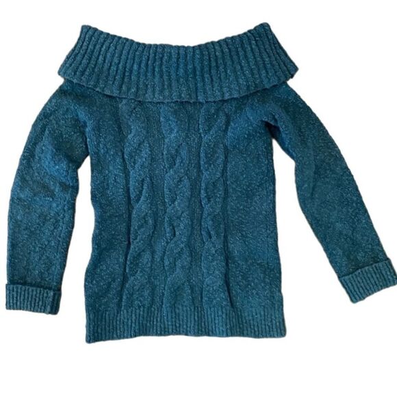 Free People- Cable Foldover Off The Shoulder Sweater in Teal Blue, Size Large - Picture 6 of 9